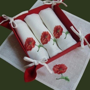 Embroidered Linen Napkins Set with Bread Basket