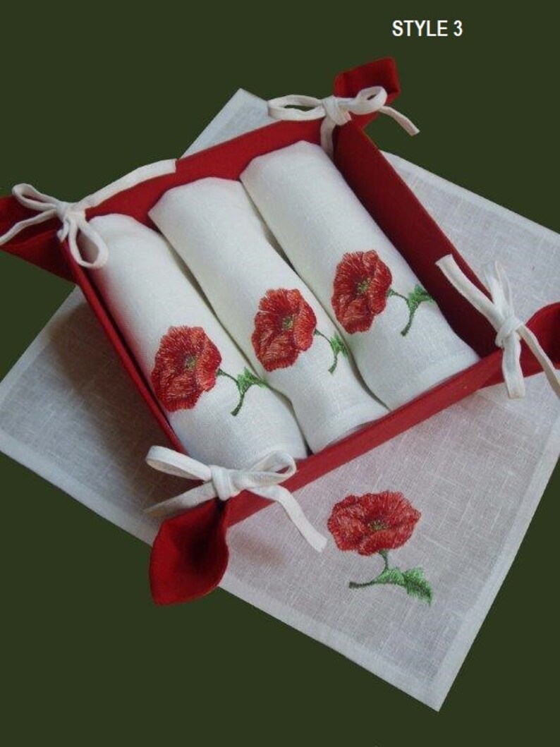 Embroidered Linen Napkins Set with Bread Basket