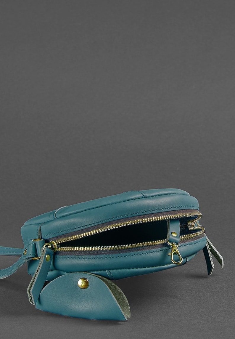 Round Teal Crossbody Bag Genuine Leather Circle Shoulder Bag Minimalist Zipper Purse Small Everyday Bag
