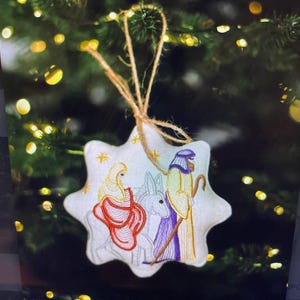 Nativity Scene Embroidered Christmas Ornament, Holy Family Hanging Star with Mary Joseph Donkey, Christian Linen Tree Decoration with Twine