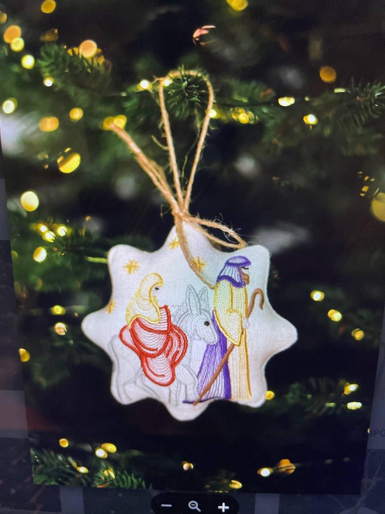 Nativity Scene Embroidered Christmas Ornament, Holy Family Hanging Star with Mary Joseph Donkey, Christian Linen Tree Decoration with Twine