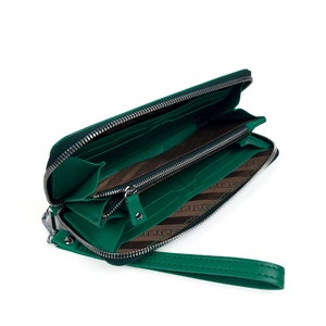 Green Leather Zip Around Wallet with Wristlet Strap for Women