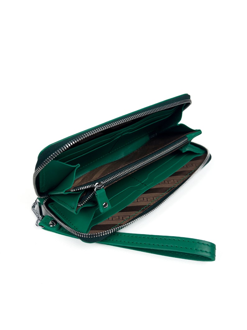 Green Leather Zip Around Wallet with Wristlet Strap for Women