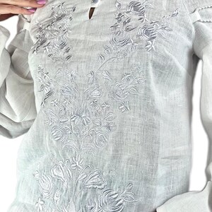 White Linen Embroidered Blouse, Ukrainian Vyshyvanka Top, Boho Off Shoulder Shirt, Floral White on White vyshyvanka