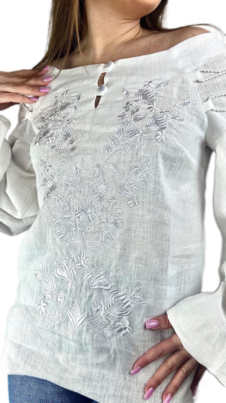 White Linen Embroidered Blouse, Ukrainian Vyshyvanka Top, Boho Off Shoulder Shirt, Floral White on White vyshyvanka