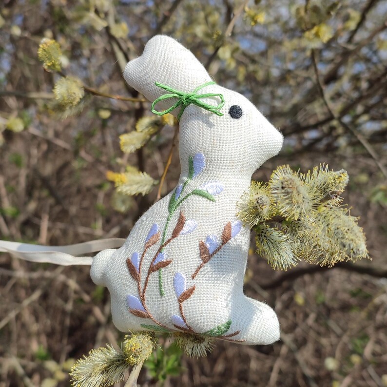Handmade linen Easter bunny ornament with willow embroidery
