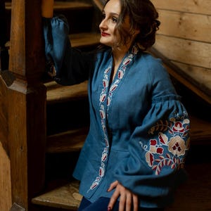 Blue linen blouse with floral embroidery, Long sleeve shirt, Ukraine Vyshyvanka, Embroidery blouse in boho style, Floral embroidery sleeve