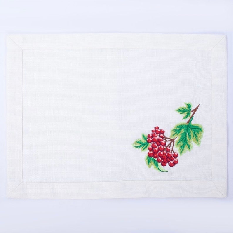 Embroidered Cotton Blend Placemat Viburnum Berry Table Decor Ukrainian Kalyna Embroidery Folk Dining Home Accent