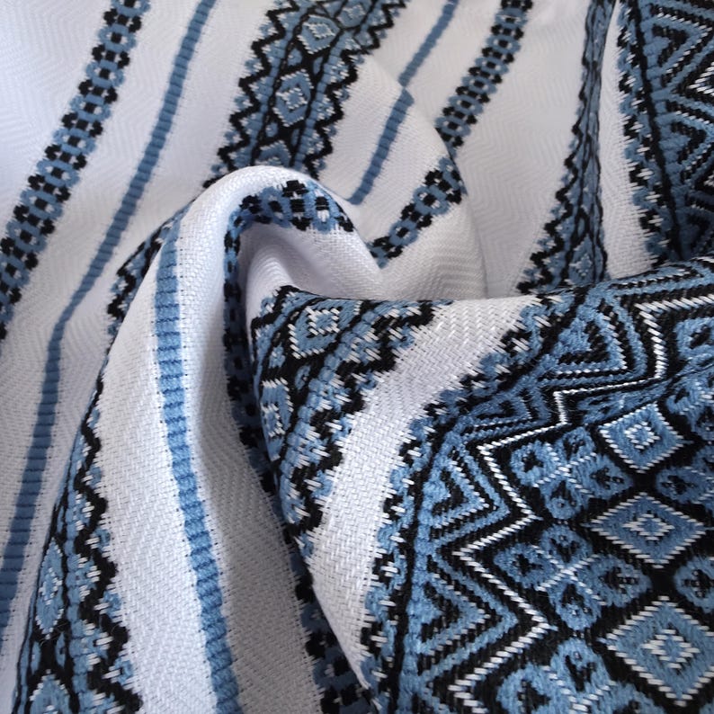 Embroidered towel with folk bird motif, White ukraine hand towel with blue ornament
