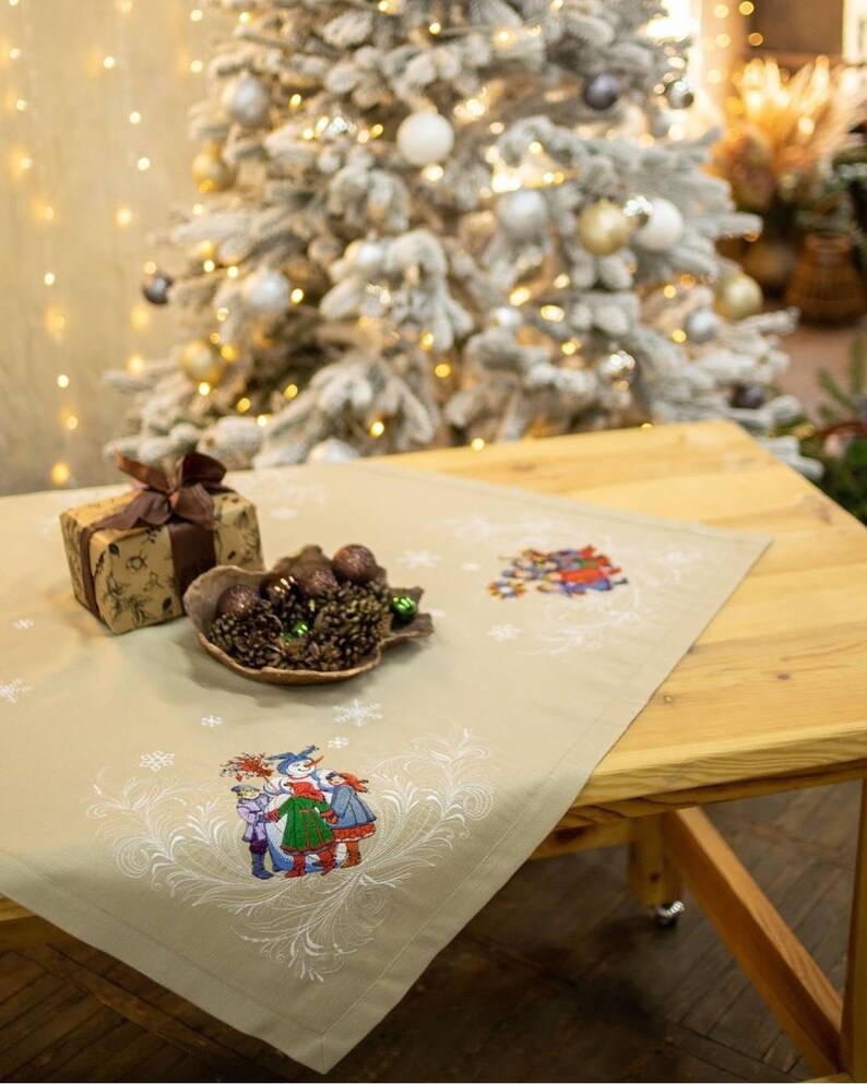 Festive beige cotton centerpiece cover with holiday winter scenes