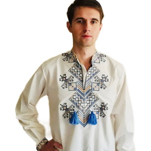 Men’s Ukrainian Embroidered Shirt Vyshyvanka, White Folk Long Sleeve with Blue Geometric Pattern and Tassel Neck, Traditional Slavic Top
