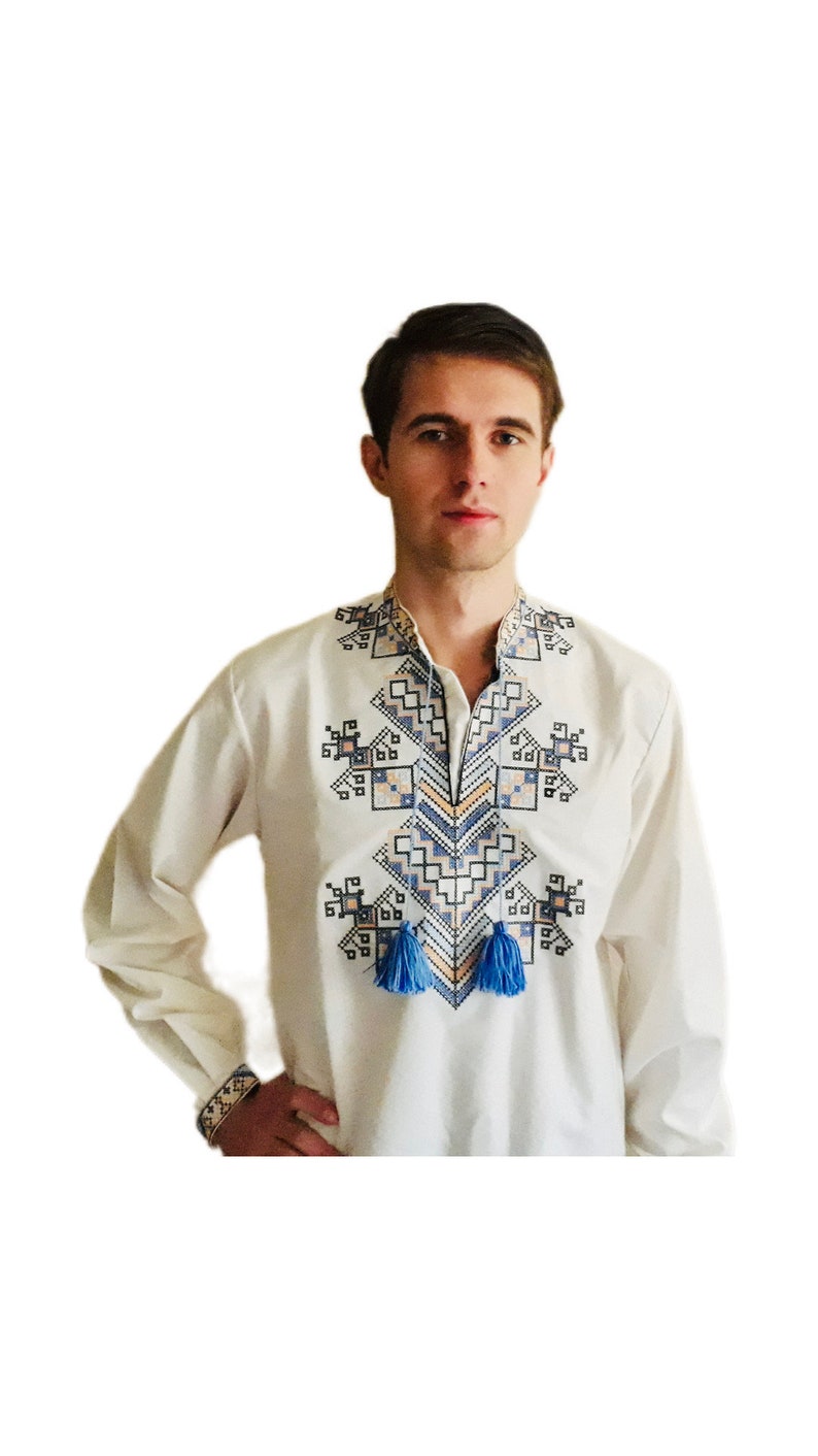 Men’s Ukrainian Embroidered Shirt Vyshyvanka, White Folk Long Sleeve with Blue Geometric Pattern and Tassel Neck, Traditional Slavic Top