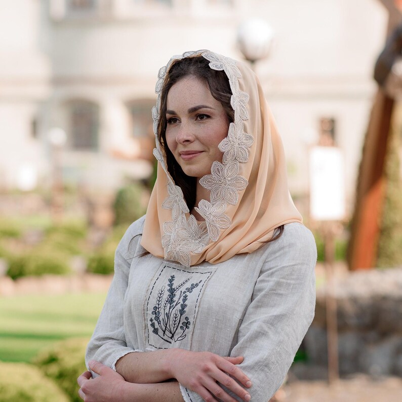 Peach Chapel Veil Mantilla with Floral Lace Trim, Orthodox Church Headscarf Hooded Snood, Modest Head Covering for Mass, Liturgy, Wedding