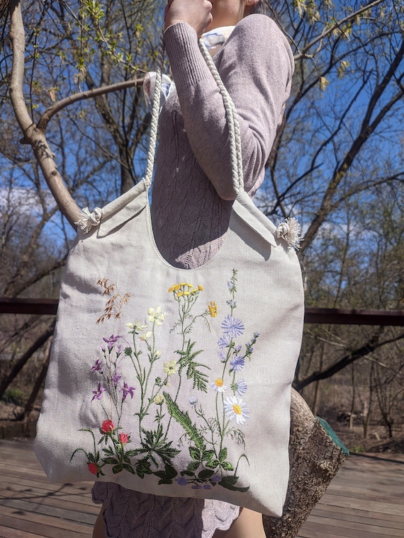 Boho Hippie Bag, Canvas Linen Bag With Zipper, Floral Embroidered