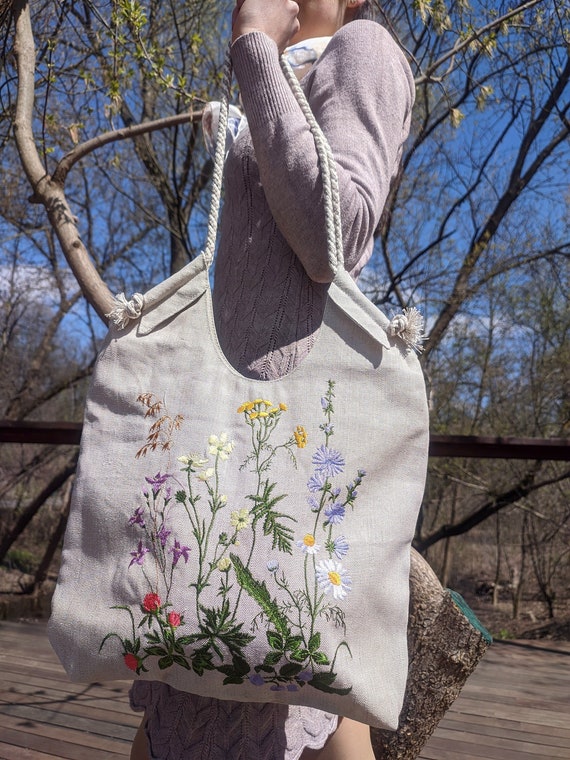 Boho Hippie Bag, Canvas Linen Bag With Zipper, Floral Embroidered