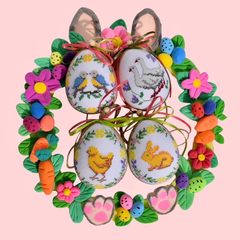 Set of 4 embroidered Easter egg ornaments with spring animals