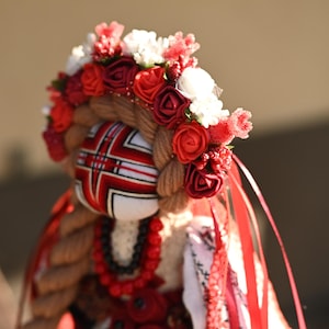 Handmade Ukrainian Motanka doll with embroidered face and traditional wreath, Collectible doll art, Unique decorative gift image 5