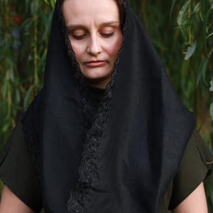 Black lace trim chapel veil scarf mantilla, Modest head covering for church, Orthodox catholic mass, Lightweight linen look prayer shawl