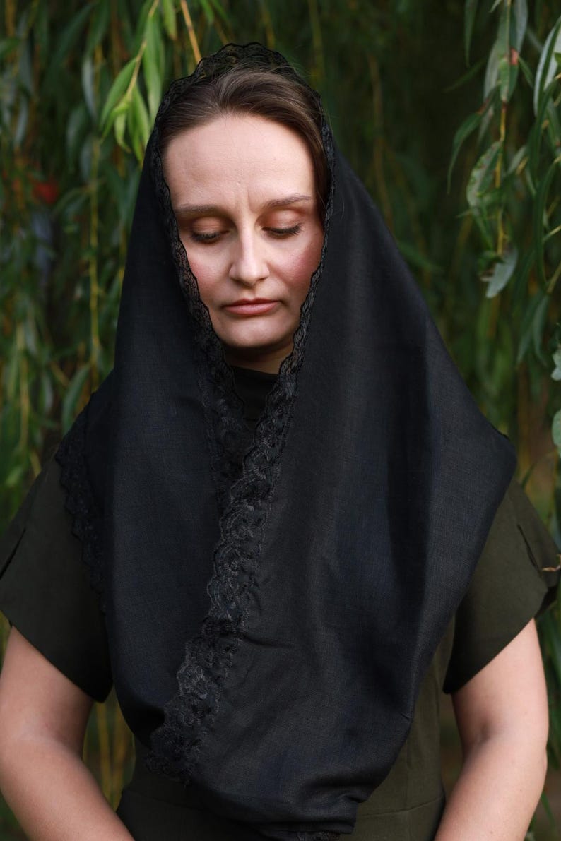 Black lace trim chapel veil scarf mantilla, Modest head covering for church, Orthodox catholic mass, Lightweight linen look prayer shawl