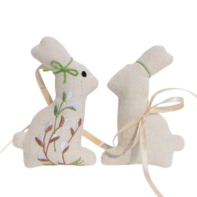 Handmade linen Easter bunny ornament with willow embroidery