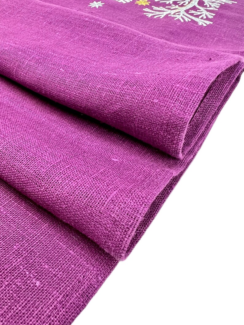 Magenta Linen Table Runner with Winter Cottage Moon Embroidery, Christmas Table Center Topper, Handmade Holiday Dining Decor Gift Accent