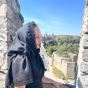 Black chapel veil mantilla snood with crochet lace trim, Modest head covering for orthodox church, Catholic mass, Funeral or prayer shawl