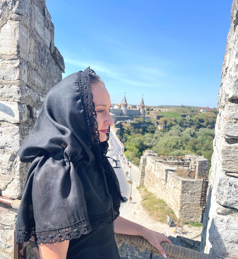 Black chapel veil mantilla snood with crochet lace trim, Modest head covering for orthodox church, Catholic mass, Funeral or prayer shawl