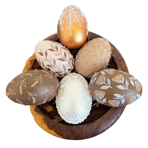 Hand painted decorative eggs set, Neutral spring home decor, Handmade rustic egg collection, Natural tones table accent