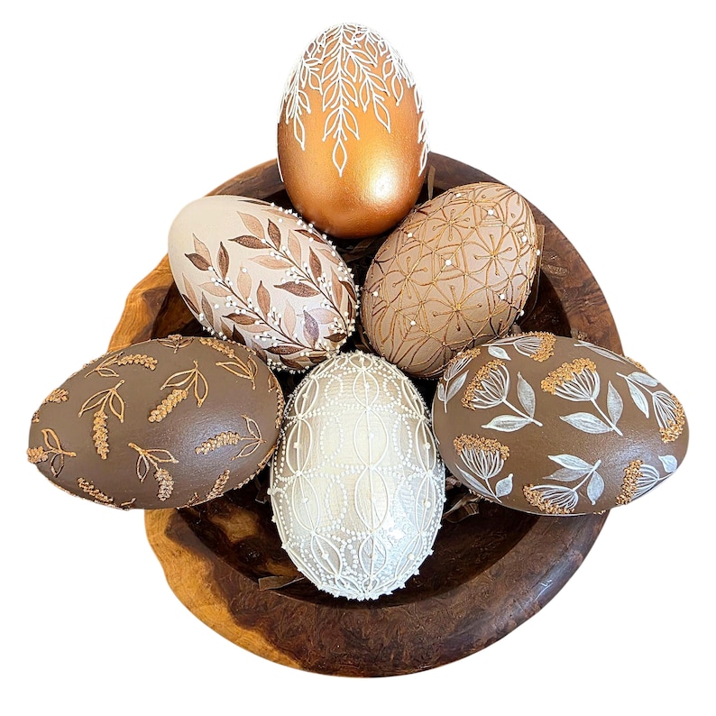 Hand painted decorative eggs set, Neutral spring home decor, Handmade rustic egg collection, Natural tones table accent