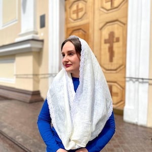 Handmade white linen chapel veil for women with crochet lace trim
