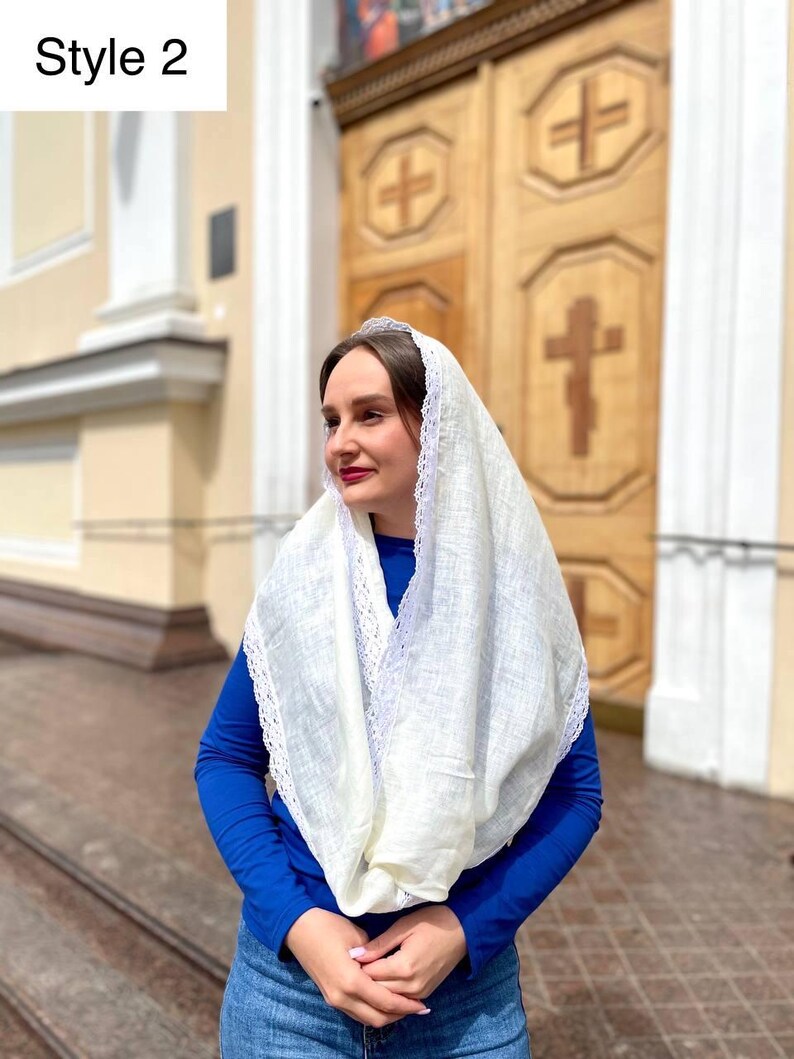 Handmade white linen chapel veil for women with crochet lace trim