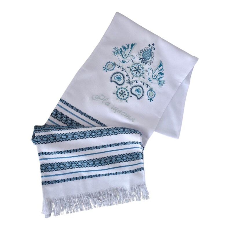 Embroidered towel with folk bird motif, White ukraine hand towel with blue ornament