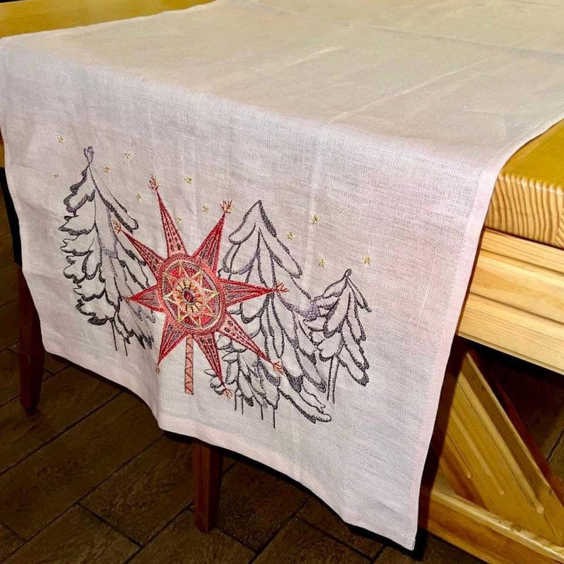 Christmas Table Runner Linen Embroidered Nordic Star Decor, Scandinavian Winter Forest Runner, Rustic Holiday Table Linen