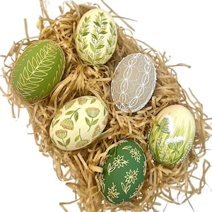 Hand painted decorative eggs set, Neutral spring home decor, Handmade rustic egg collection, Natural tones table accent