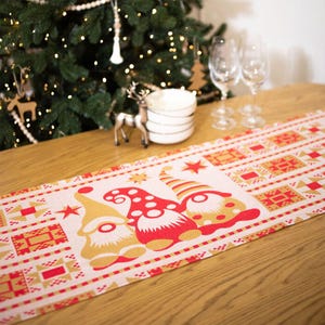Christmas table runner with three scandinavian gnomes, Red and yelllow nordic holiday dining decor, Cotton long table topper