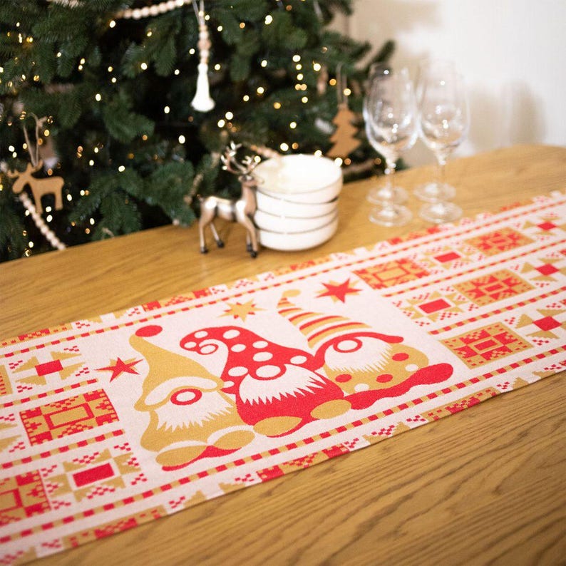 Christmas table runner with three scandinavian gnomes, Red and yelllow nordic holiday dining decor, Cotton long table topper