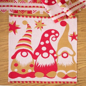 Set of 2 christmas cloth napkins with red yellow scandinavian gnomes, Reusable holiday dinner napkins, Nordic table linens festive decor
