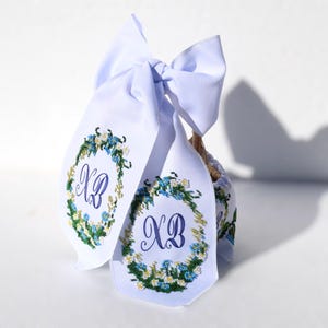 Embroidered Basket Bow with Floral Beadwork, Custom Initials Decorative Ribbon, Elegant Gift Accent
