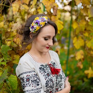 Purple and yellow rustic floral crown, Minimalist headband, Floral tiara for wedding, Children headband, Bridal headpiece image 4