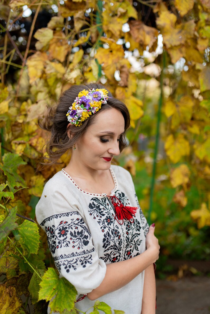 Purple and yellow rustic floral crown, Minimalist headband, Floral tiara for wedding, Children headband, Bridal headpiece image 4
