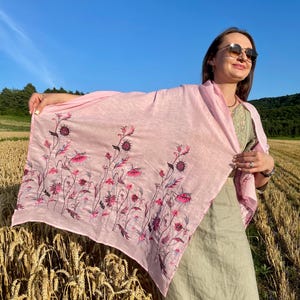 Pink linen embroidered scarf with wildflower pattern for women, lightweight floral head covering or shawl for spring and summer styling
