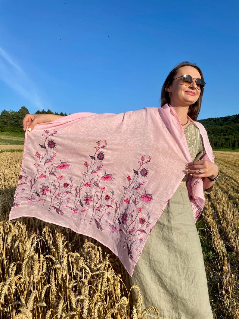 Pink linen embroidered scarf with wildflower pattern for women, lightweight floral head covering or shawl for spring and summer styling