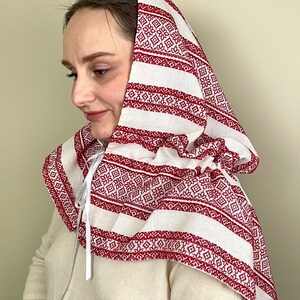 Red woven folk head scarf with geometric pattern, Traditional cotton scarf for women