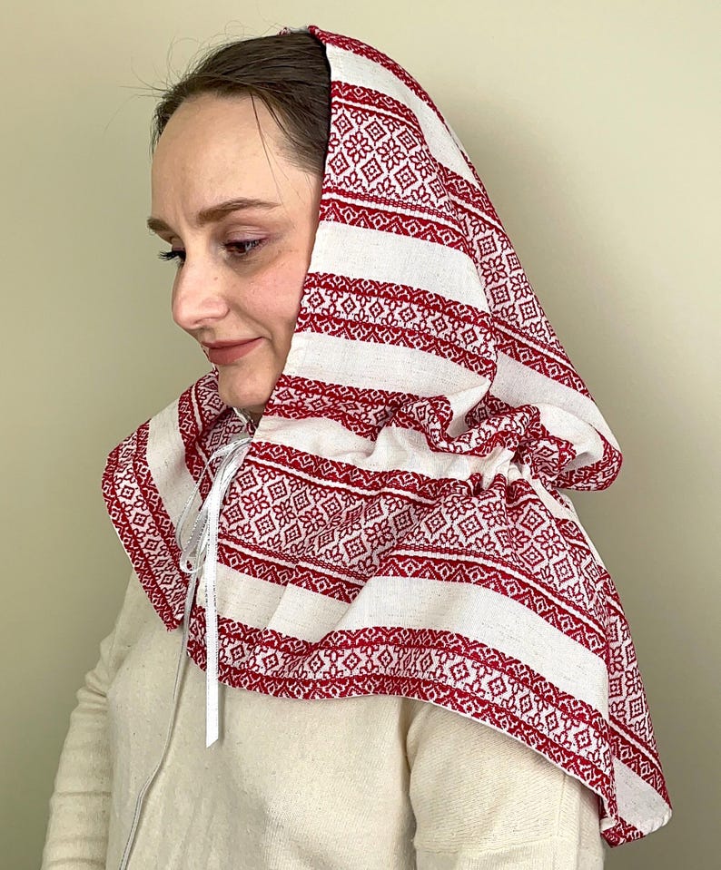 Red woven folk head scarf with geometric pattern, Traditional cotton scarf for women