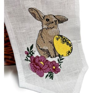 Easter basket linen bow with embroidered bunny