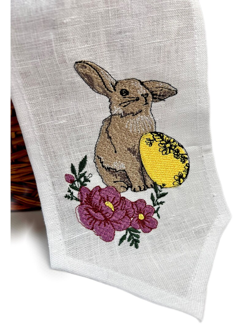 Easter basket linen bow with embroidered bunny