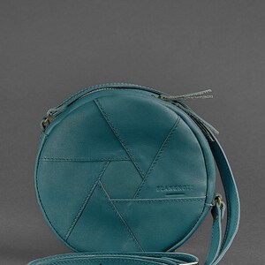 Round Teal Crossbody Bag Genuine Leather Circle Shoulder Bag Minimalist Zipper Purse Small Everyday Bag