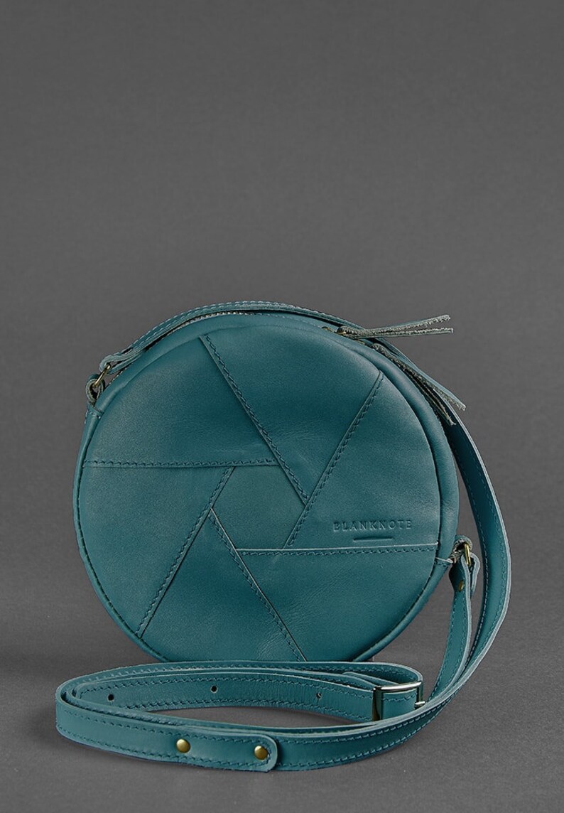 Round Teal Crossbody Bag Genuine Leather Circle Shoulder Bag Minimalist Zipper Purse Small Everyday Bag