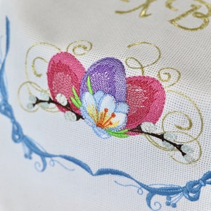 Orthodox Easter Basket Cover Towel with XB Embroidery, Lace Trim, Floral Eggs and Pussy Willow, Slavic Rushnyk for Blessing & Decor