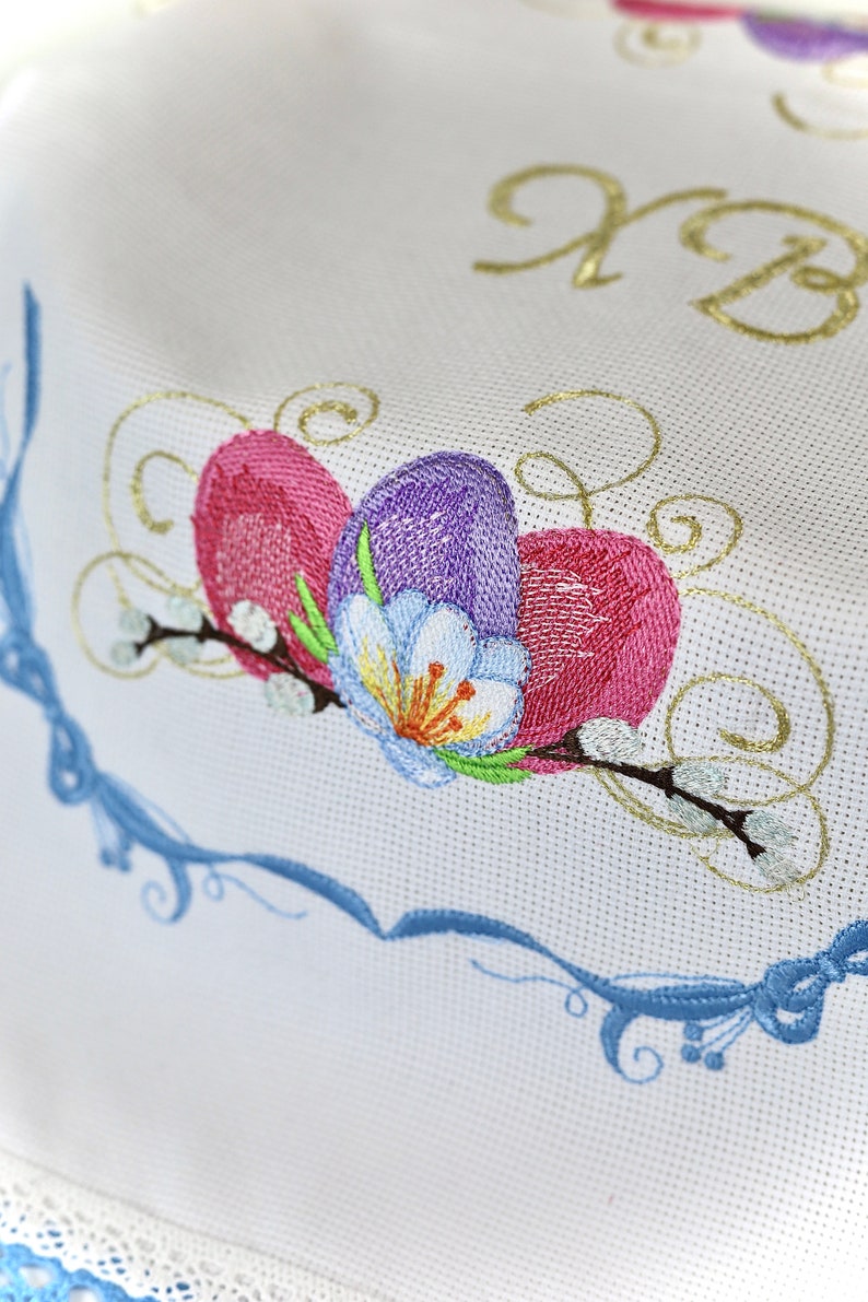 Orthodox Easter Basket Cover Towel with XB Embroidery, Lace Trim, Floral Eggs and Pussy Willow, Slavic Rushnyk for Blessing & Decor